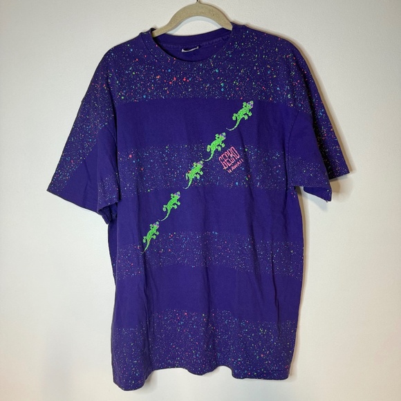 VINTAGE GECKO HAWAII T-SHIRT NEON SPLATTER STRIPE PAINT SINGLE STITCH 80s 90s - Picture 1 of 5